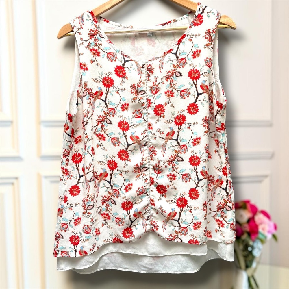 Rose + Olive Womens Floral Bird Print Sleeveless Blouse Ivory Red Blue Large
